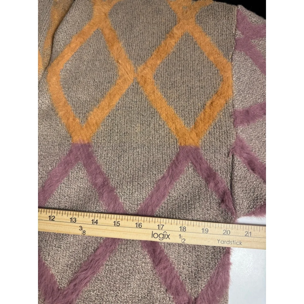 Kori America S/M Tan Brown Orange Pink Diamond Pattern Open Front Cardigan Women